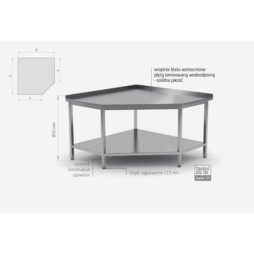 INOXI Stół przyścienny narożny ze stali nierdzewnej z półką o wymiarach 900x900x(h)850 mm INOXI Stół przyścienny narożny ze stali nierdzewnej z półką o wymiarach 900x900x(h)850 mm