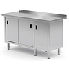 INOXI Work table with splashback, cabinet with sliding doors and hinged door - hinged door on the right | 1400x600 mm INOXI Work table with splashback, cabinet with sliding doors and hinged door - hinged door on the right | 1400x600 mm
