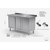 INOXI Work table with splashback, cabinet with sliding doors and hinged door - hinged door on the right | 1400x600 mm INOXI Work table with splashback, cabinet with sliding doors and hinged door - hinged door on the right | 1400x600 mm