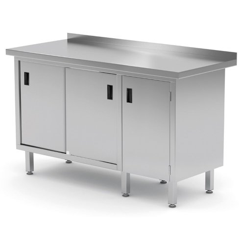 INOXI Work table with splashback, cabinet with sliding doors and hinged door - hinged door on the right | 1700x700 mm INOXI Work table with splashback, cabinet with sliding doors and hinged door - hinged door on the right | 1700x700 mm
