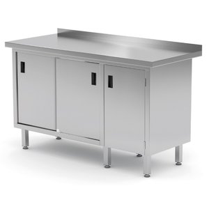 INOXI Work table with splashback, cabinet with sliding doors and hinged door - hinged door on the right | 1900x700 mm INOXI Work table with splashback, cabinet with sliding doors and hinged door - hinged door on the right | 1900x700 mm