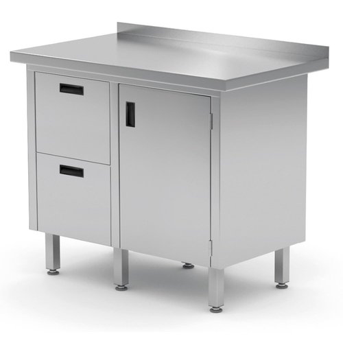 INOXI Work table with splashback, cabinet with two drawers and hinged door - drawers on left side | 830x600 mm INOXI Work table with splashback, cabinet with two drawers and hinged door - drawers on left side | 830x600 mm