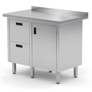INOXI Work table with splashback, cabinet with two drawers and hinged door - drawers on left side | 830x700 mm