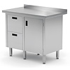 INOXI Work table with splashback, cabinet with two drawers and hinged door - drawers on left side | 900x700 mm INOXI Work table with splashback, cabinet with two drawers and hinged door - drawers on left side | 900x700 mm