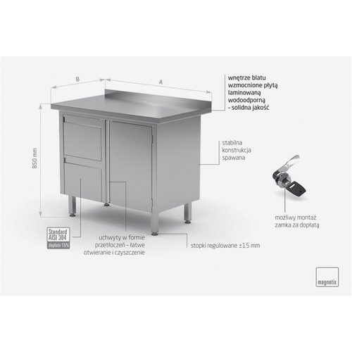 INOXI Work table with splashback, cabinet with two drawers and hinged door - drawers on left side | 900x700 mm INOXI Work table with splashback, cabinet with two drawers and hinged door - drawers on left side | 900x700 mm