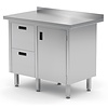 INOXI Work table with splashback, cabinet with two drawers and hinged door - drawers on left side | 1000x600 mm INOXI Work table with splashback, cabinet with two drawers and hinged door - drawers on left side | 1000x600 mm