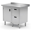 INOXI Work table with splashback, cabinet with two drawers and hinged door - drawers on right side | 900x600 mm INOXI Work table with splashback, cabinet with two drawers and hinged door - drawers on right side | 900x600 mm