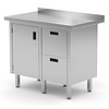 INOXI Work table with splashback, cabinet with two drawers and hinged door - drawers on right side | 900x700 mm INOXI Work table with splashback, cabinet with two drawers and hinged door - drawers on right side | 900x700 mm
