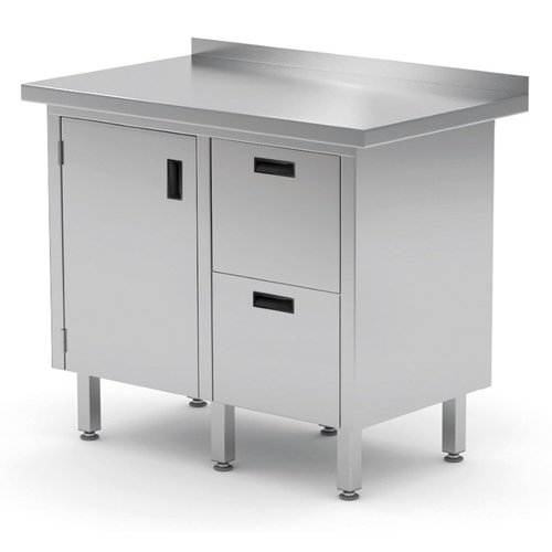 INOXI Work table with splashback, cabinet with two drawers and hinged door - drawers on right side | 1000x700 mm INOXI Work table with splashback, cabinet with two drawers and hinged door - drawers on right side | 1000x700 mm