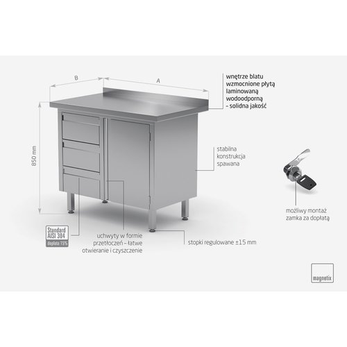 INOXI Work table with splashback, cabinet with three drawers and hinged door - drawers on left side | 900x600 mm