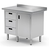 INOXI Work table with splashback, cabinet with three drawers and hinged door - drawers on left side | 900x700 mm INOXI Work table with splashback, cabinet with three drawers and hinged door - drawers on left side | 900x700 mm