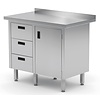 INOXI Work table with splashback, cabinet with three drawers and hinged door - drawers on left side | 1000x600 mm INOXI Work table with splashback, cabinet with three drawers and hinged door - drawers on left side | 1000x600 mm