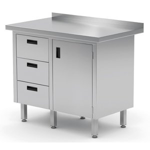 INOXI Work table with splashback, cabinet with three drawers and hinged door - drawers on left side | 1000x600 mm INOXI Work table with splashback, cabinet with three drawers and hinged door - drawers on left side | 1000x600 mm