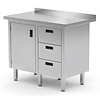 INOXI Work table with splashback, cabinet with three drawers and hinged door - drawers on right side | 830x600 mm