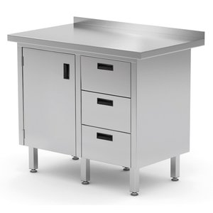 INOXI Work table with splashback, cabinet with three drawers and hinged door - drawers on right side | 830x700 mm