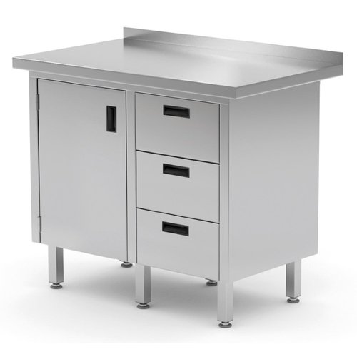 INOXI Work table with splashback, cabinet with three drawers and hinged door - drawers on right side | 900x600 mm INOXI Work table with splashback, cabinet with three drawers and hinged door - drawers on right side | 900x600 mm