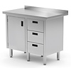 INOXI Work table with splashback, cabinet with three drawers and hinged door - drawers on right side | 900x700 mm