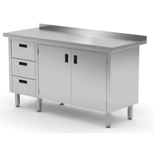 INOXI Work table with splashback, cabinet with three drawers and hinged doors - drawers on left side | 1600x600 mm INOXI Work table with splashback, cabinet with three drawers and hinged doors - drawers on left side | 1600x600 mm
