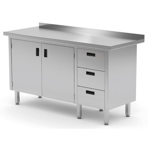 INOXI Work table with splashback, cabinet with three drawers and hinged doors - drawers on right side | 1400x600 mm INOXI Work table with splashback, cabinet with three drawers and hinged doors - drawers on right side | 1400x600 mm