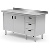 INOXI Work table with splashback, cabinet with three drawers and hinged doors - drawers on right side | 1400x700 mm INOXI Work table with splashback, cabinet with three drawers and hinged doors - drawers on right side | 1400x700 mm