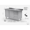 INOXI Work table with splashback, cabinet with three drawers and hinged doors - drawers on right side | 1900x600 mm INOXI Work table with splashback, cabinet with three drawers and hinged doors - drawers on right side | 1900x600 mm