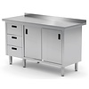 INOXI Work table with splashback, cabinet with three drawers and sliding doors - drawers on left side | 1300x600 mm INOXI Work table with splashback, cabinet with three drawers and sliding doors - drawers on left side | 1300x600 mm