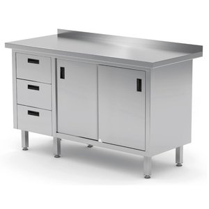 INOXI Work table with splashback, cabinet with three drawers and sliding doors - drawers on left side | 1300x700 mm