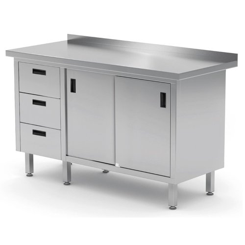 INOXI Work table with splashback, cabinet with three drawers and sliding doors - drawers on left side | 1500x600 mm INOXI Work table with splashback, cabinet with three drawers and sliding doors - drawers on left side | 1500x600 mm