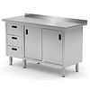 INOXI Work table with splashback, cabinet with three drawers and sliding doors - drawers on left side | 1600x600 mm INOXI Work table with splashback, cabinet with three drawers and sliding doors - drawers on left side | 1600x600 mm