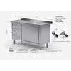 INOXI Work table with splashback, cabinet with three drawers and sliding doors - drawers on left side | 1600x600 mm INOXI Work table with splashback, cabinet with three drawers and sliding doors - drawers on left side | 1600x600 mm