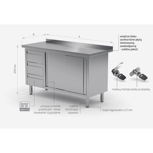 INOXI Work table with splashback, cabinet with three drawers and sliding doors - drawers on left side | 1800x700 mm INOXI Work table with splashback, cabinet with three drawers and sliding doors - drawers on left side | 1800x700 mm