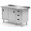 INOXI Work table with splashback, cabinet with three drawers and sliding doors - drawers on right side | 1300x600 mm