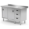 INOXI Work table with splashback, cabinet with three drawers and sliding doors - drawers on right side | 1500x600 mm INOXI Work table with splashback, cabinet with three drawers and sliding doors - drawers on right side | 1500x600 mm