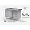 INOXI Work table with splashback, cabinet with three drawers and sliding doors - drawers on right side | 1500x600 mm INOXI Work table with splashback, cabinet with three drawers and sliding doors - drawers on right side | 1500x600 mm