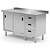 INOXI Work table with splashback, cabinet with three drawers and sliding doors - drawers on right side | 1600x600 mm