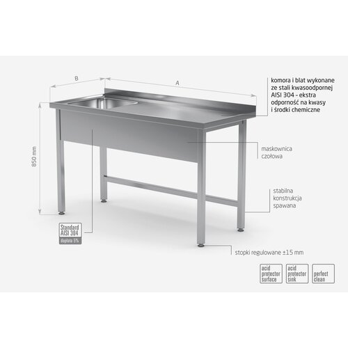 INOXI Stół ze zlewem bez półki - komora po lewej stronie | 1400x700 mm INOXI Stół ze zlewem bez półki - komora po lewej stronie | 1400x700 mm