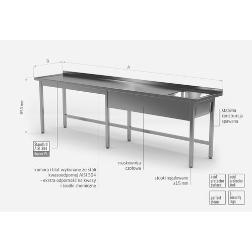 INOXI Stół ze zlewem bez półki - komora po prawej stronie | 2500x700 mm