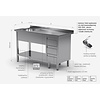 INOXI Table with sink, undershelf and three drawers - sink on left side | 1300x600 mm