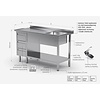 INOXI Table with sink, undershelf and three drawers - sink on right side | 1500x700 mm