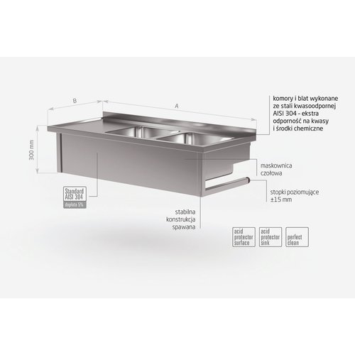 INOXI Wall mounted table with two sinks - sinks on right side | 1200x600 mm INOXI Wall mounted table with two sinks - sinks on right side | 1200x600 mm