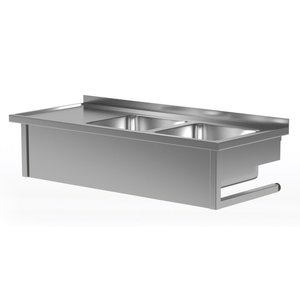 INOXI Wall mounted table with two sinks - sinks on right side | 1600x600 mm