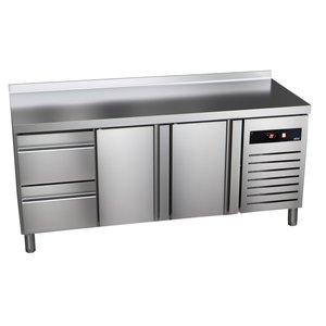 Asber Double Door Refrigerated Table with Splashback and 2 Drawers 199 L, from -2 °C to 8 °C, Side-Mounted Compressor Asber Double Door Refrigerated Table with Splashback and 2 Drawers 199 L, from -2 °C to 8 °C, Side-Mounted Compressor