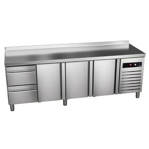 Asber Tripple Door Refrigerated Table with Splashback and 2 Drawers 270 L, from -2 °C to 8 °C, Side-Mounted Compressor Asber Tripple Door Refrigerated Table with Splashback and 2 Drawers 270 L, from -2 °C to 8 °C, Side-Mounted Compressor