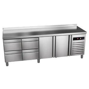 Asber Double Door Refrigerated Table with Splashback and 4 Drawers 255 L, from -2 °C to 8 °C, Side-Mounted Compressor Asber Double Door Refrigerated Table with Splashback and 4 Drawers 255 L, from -2 °C to 8 °C, Side-Mounted Compressor