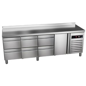 Asber Single Door Refrigerated Table with Splashback and 6 Drawers 240 L, from -2 °C to 8 °C, Side-Mounted Compressor Asber Single Door Refrigerated Table with Splashback and 6 Drawers 240 L, from -2 °C to 8 °C, Side-Mounted Compressor