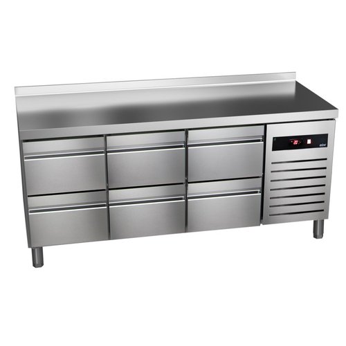 Asber Refrigerated Table with Splashback with 6 Drawers 191 L, from -2 °C to 8 °C, Side-Mounted Compressor Asber Refrigerated Table with Splashback with 6 Drawers 191 L, from -2 °C to 8 °C, Side-Mounted Compressor