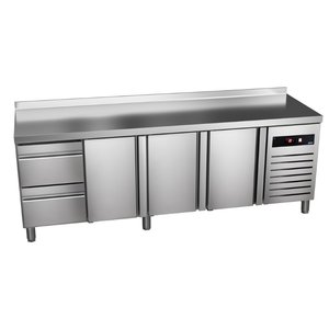 Asber Tripple Door Refrigerated Table with Splashback and 2 Drawers 298 L, from -2 °C to 8 °C, Side-Mounted Compressor Asber Tripple Door Refrigerated Table with Splashback and 2 Drawers 298 L, from -2 °C to 8 °C, Side-Mounted Compressor