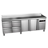 Asber Double Door Refrigerated Table with Splashback and 4 Drawers 290 L, from -2 °C to 8 °C, Side-Mounted Compressor