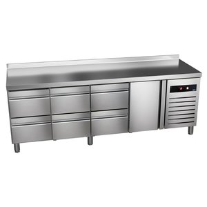 Asber Single Door Refrigerated Table with Splashback and 6 Drawers 282 L, from -2 °C to 8 °C, Side-Mounted Compressor Asber Single Door Refrigerated Table with Splashback and 6 Drawers 282 L, from -2 °C to 8 °C, Side-Mounted Compressor