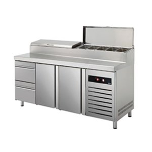 Asber Double Doors Pizza Prep Table with 2 drawers, 428 L, 8-10 x GN 1/4, Side-Mounted Compressor Asber Double Doors Pizza Prep Table with 2 drawers, 428 L, 8-10 x GN 1/4, Side-Mounted Compressor